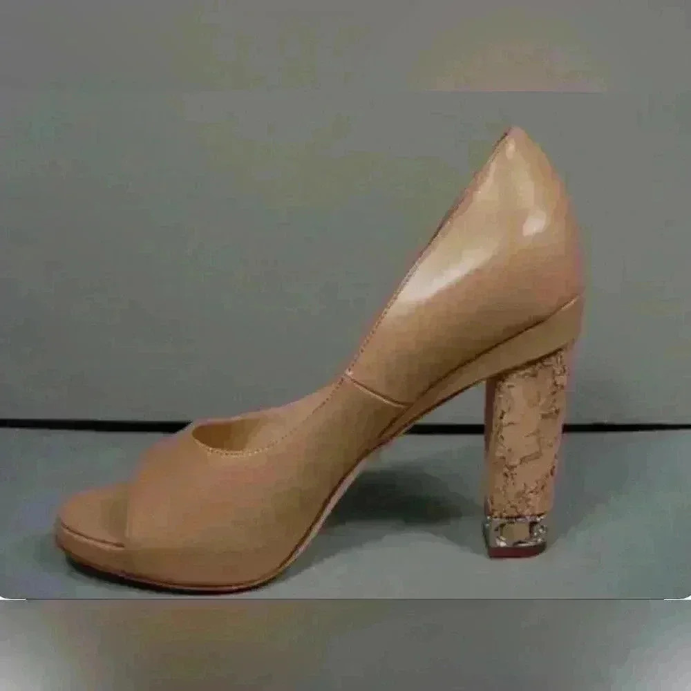 CHANEL Vintage Beige Leather Peep Toe Platform Cork Chain Pumps (Size 39 1/2) - Picture 2 of 16